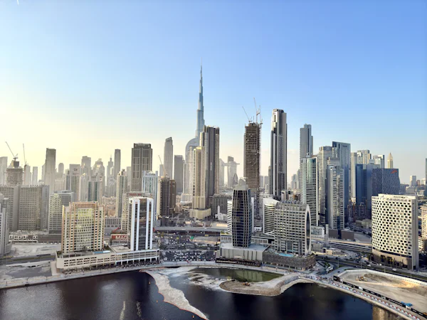 Dubai skyline with Burj Khalifa rising above Business Bay